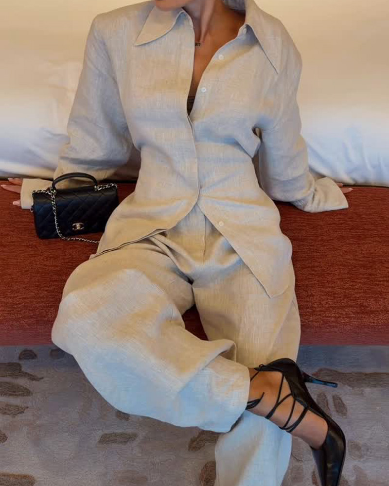 Lapel Casual Solid Color Two-Piece Set