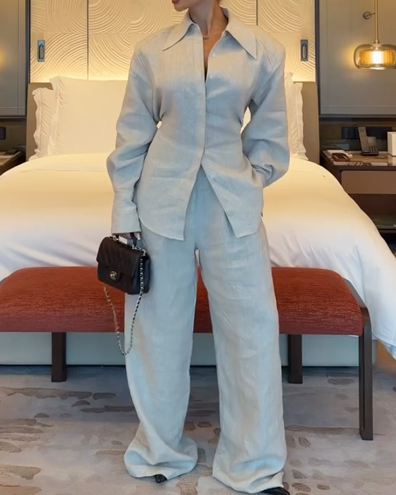 Lapel Casual Solid Color Two-Piece Set