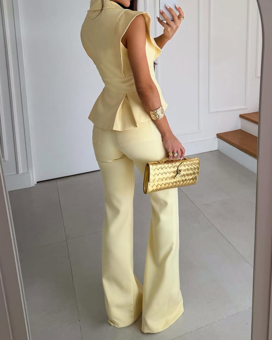 Lapel Casual Solid Color Two-Piece Set