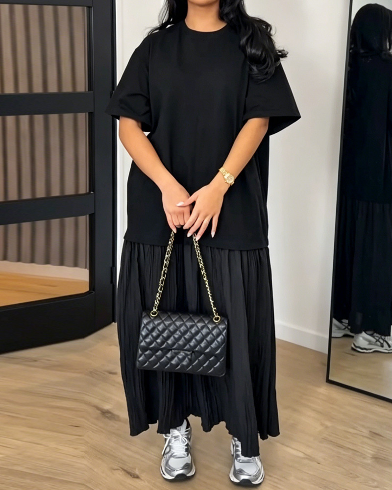 Round Neck Casual Solid Color Patchwork Dress