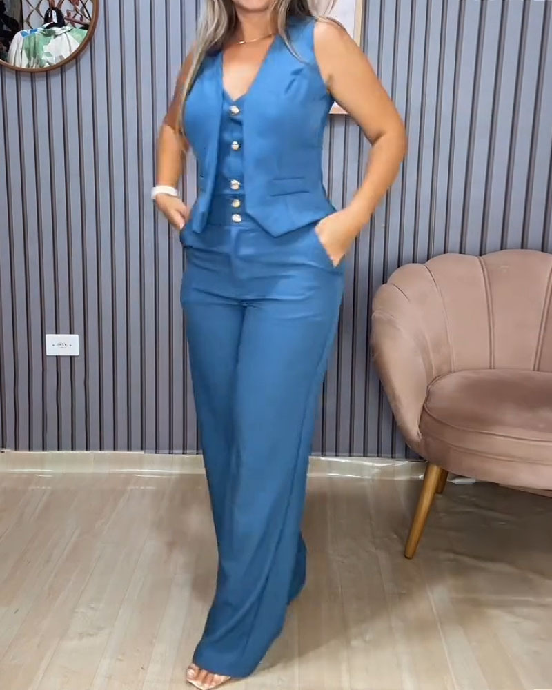 Commuting And Casual Solid Color Two-Piece Set