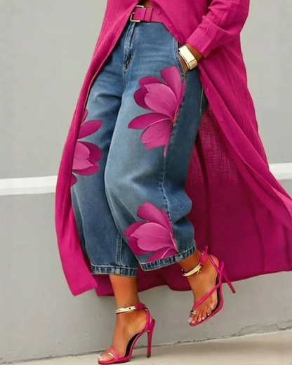 Loose-Fit Printed Denim Trousers