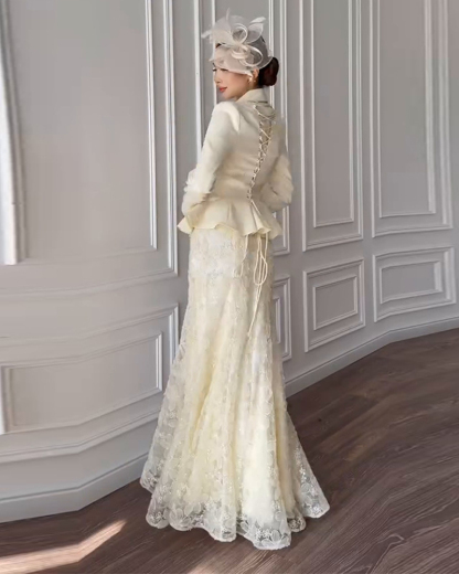 Elegant Long-Sleeve Slim-Fit Dress Set with Lace Trim