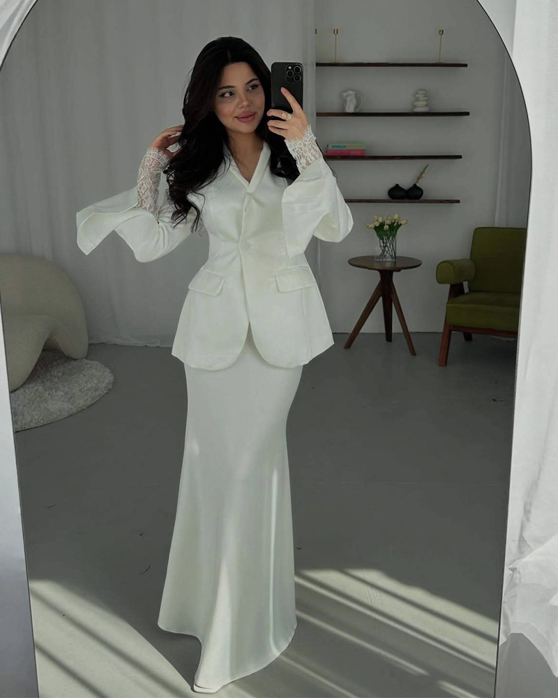 Elegant Two-Piece Set: Slim-Fit Solid-Color Blazer and Satin Maxi Skirt