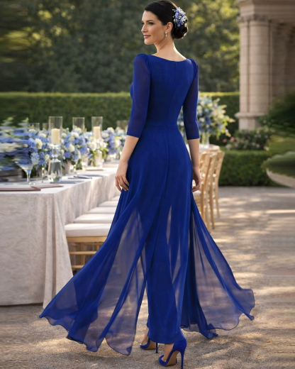 Stunning Royal Blue Jumpsuit with Train - Formal Evening Gown for Mom