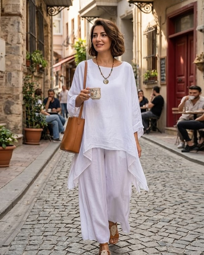 Effortless White Boho Linen Set - Cropped Top & Wide Leg Pants