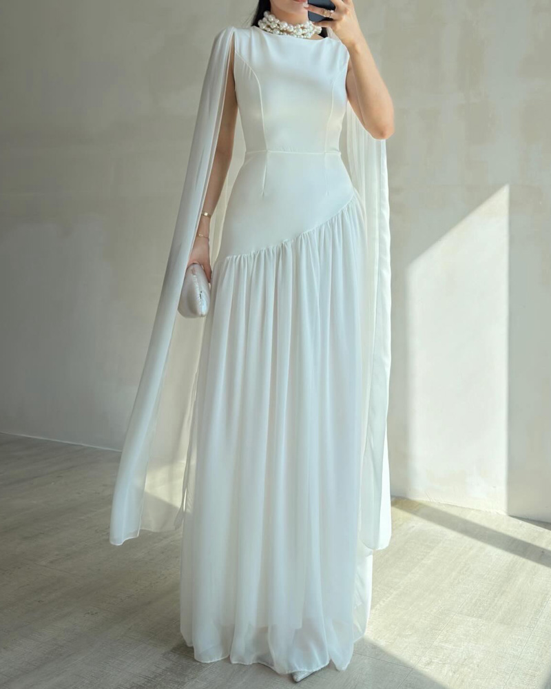 Elegant Shawl-Style Round Neck Solid Color Dress