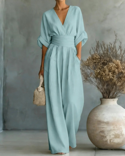 Solid-Color V-Neck Waist-Cinching Jumpsuit
