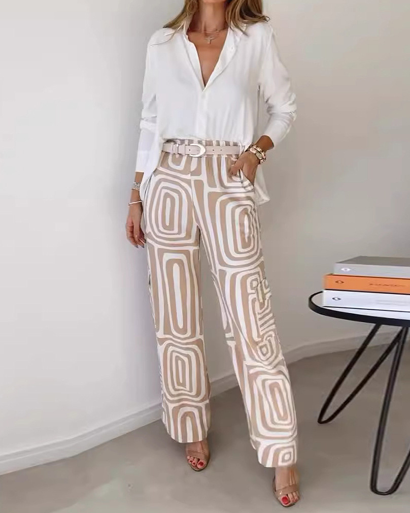 Two-piece set: collared casual solid color top + printed pants