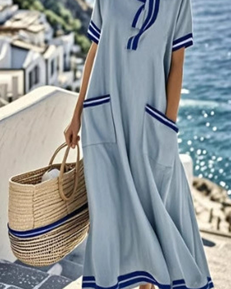 Chic Short-Sleeve Loose Maxi Dress with Bow, Pockets, and Flared Hem