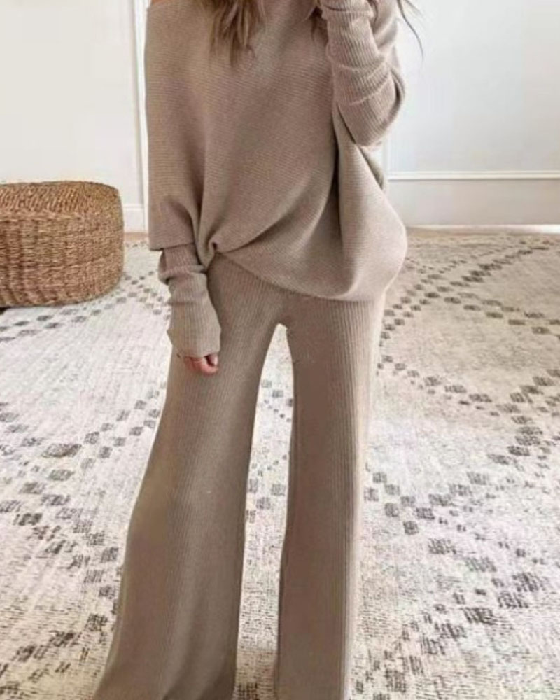 Solid Color Batwing Long-Sleeve Two-Piece Set