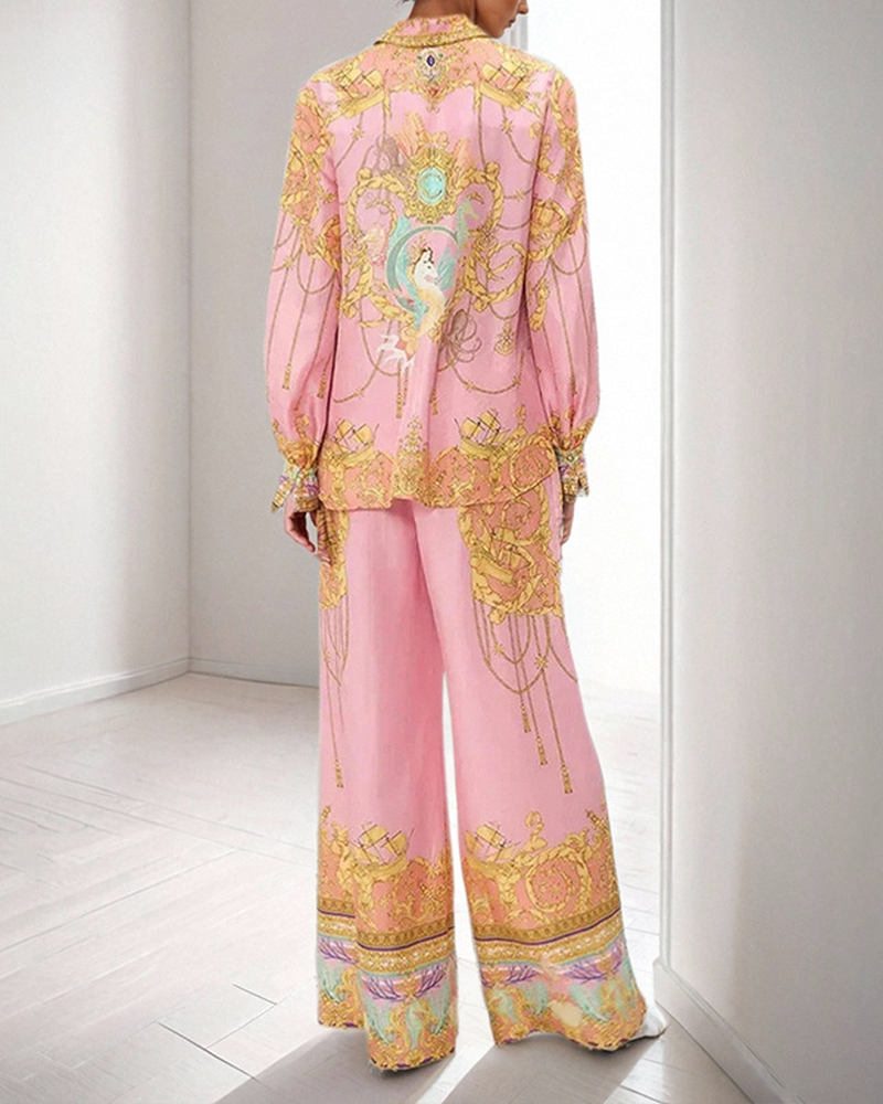 Pink Printed Shirt and Trousers Casual Fashion Set