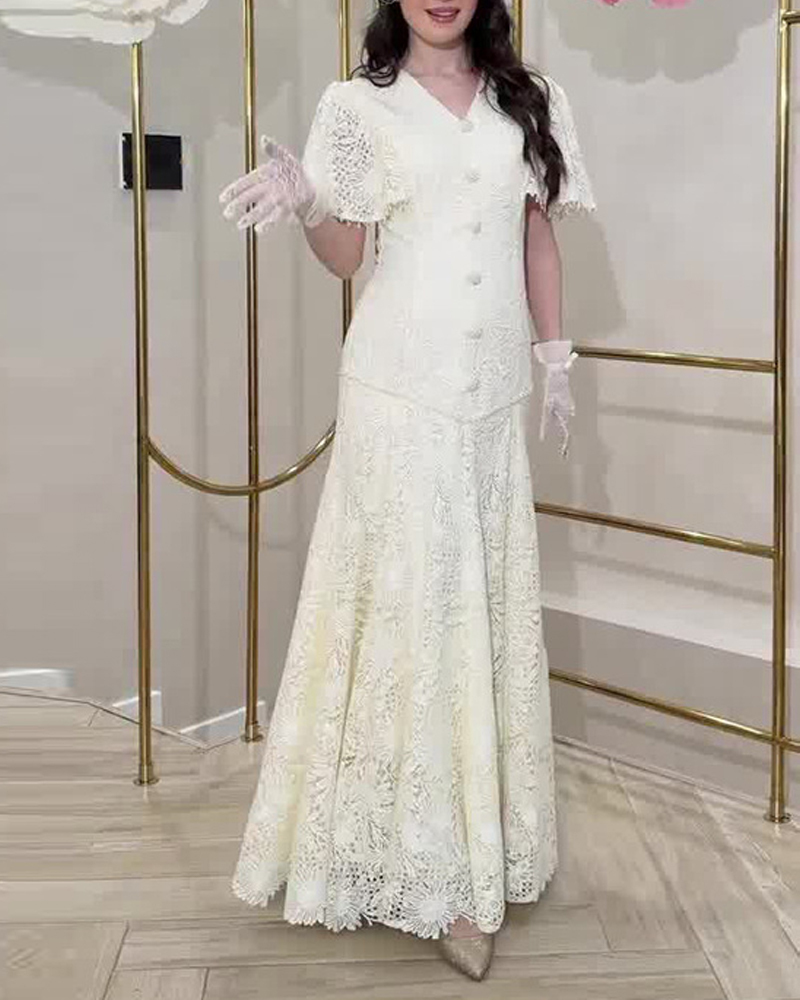 Elegant Pure White Two-Piece Set: Slim-Fit V-Neck with Lace Accents