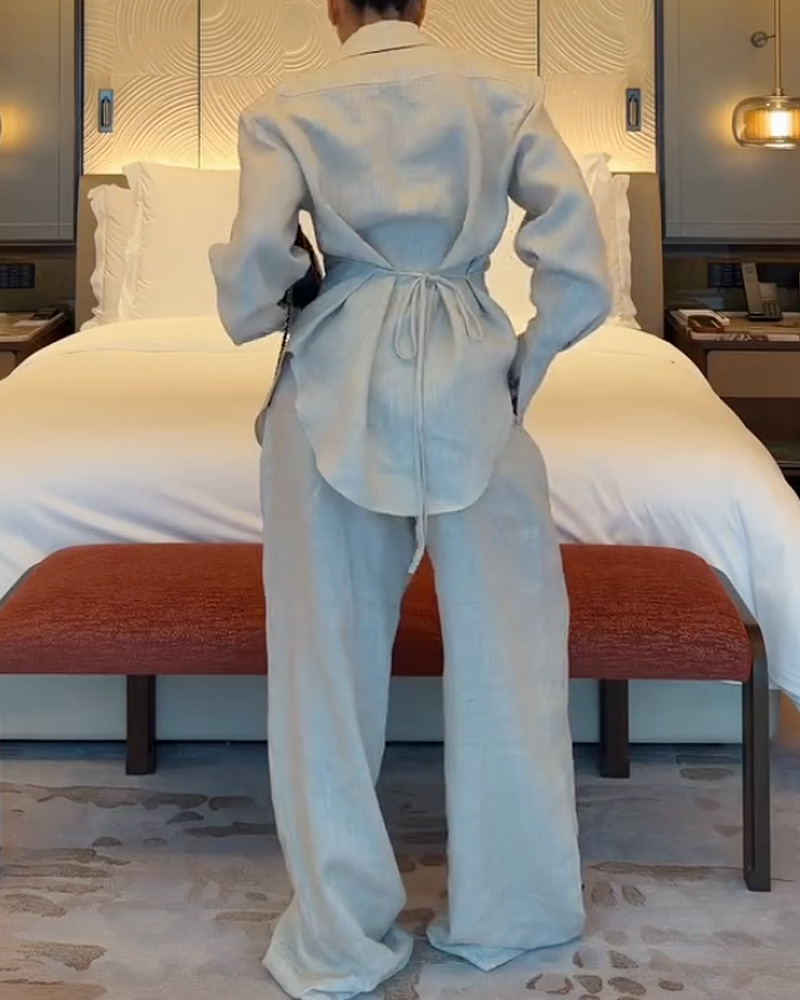 Lapel Casual Solid Color Two-Piece Set