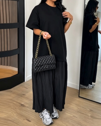 Round Neck Casual Solid Color Patchwork Dress