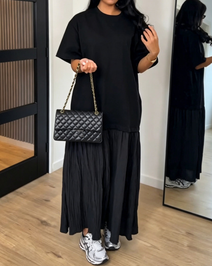 Round Neck Casual Solid Color Patchwork Dress