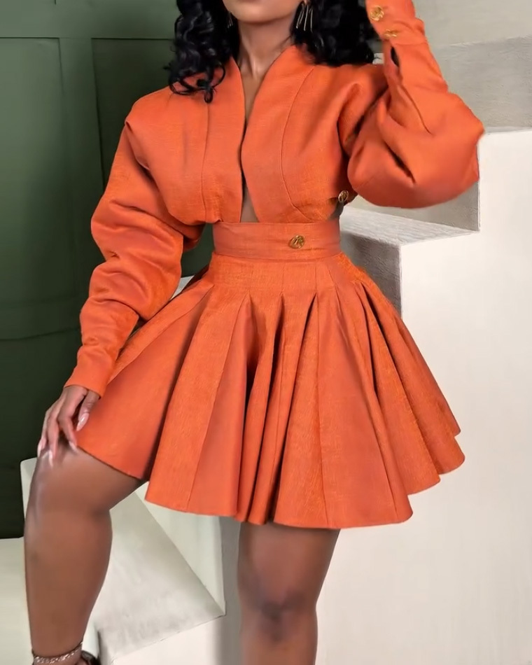 Solid-Color Collared Top + Mini Skirt Two-Piece Set