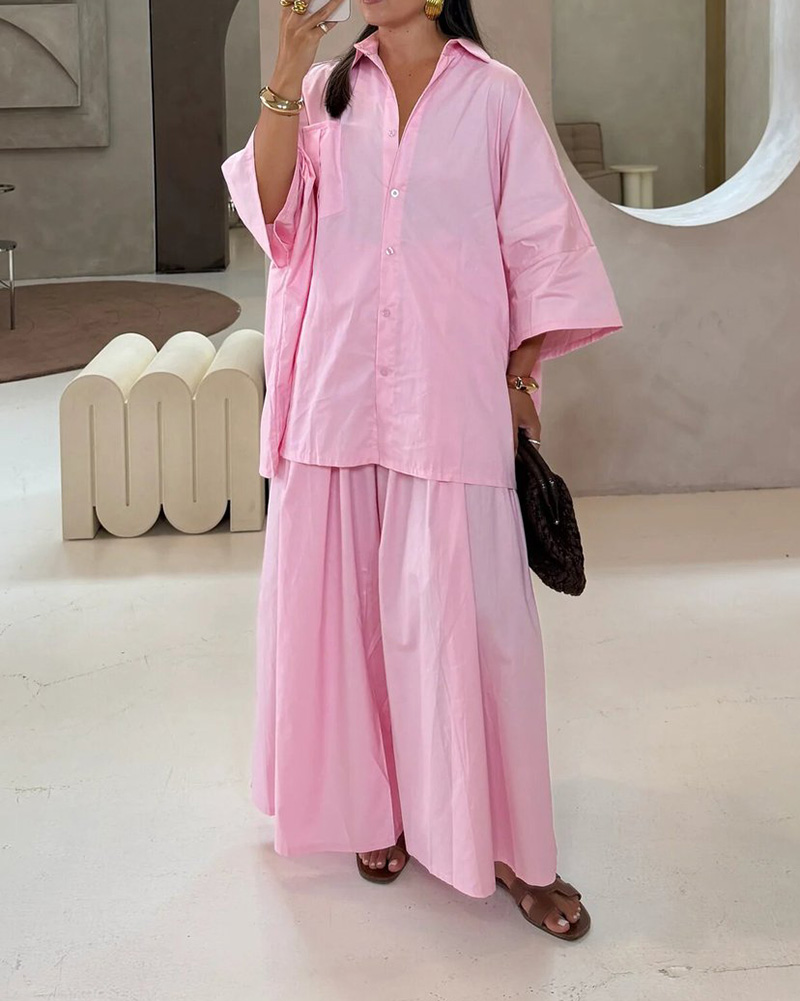 Lapel Casual Solid Color Two-Piece Set