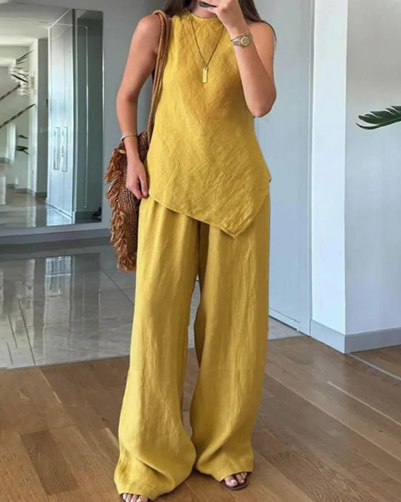 Casual Crewneck Pullover Sleeveless Top With Cotton Pants And Pockets