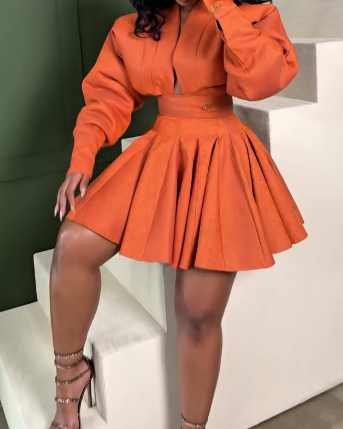 Solid-Color Collared Top + Mini Skirt Two-Piece Set