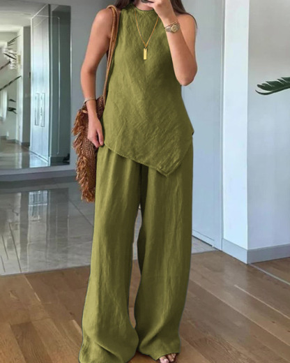 Casual Crewneck Pullover Sleeveless Top With Cotton Pants And Pockets