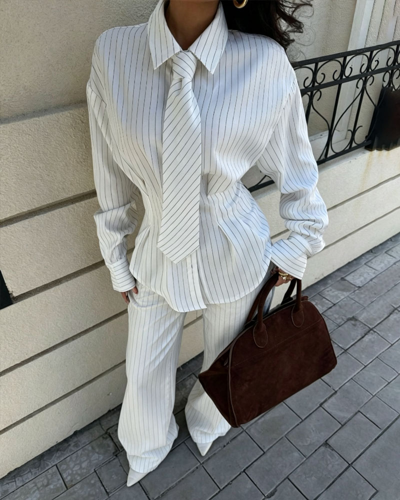 Striped Cinched Shirt with Tie and Wide Leg Pants Two-Piece Set