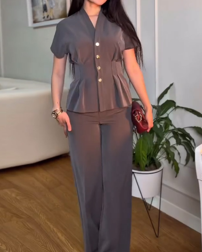 V-Neck Elegant And Sophisticated Solid Color Two-Piece Set