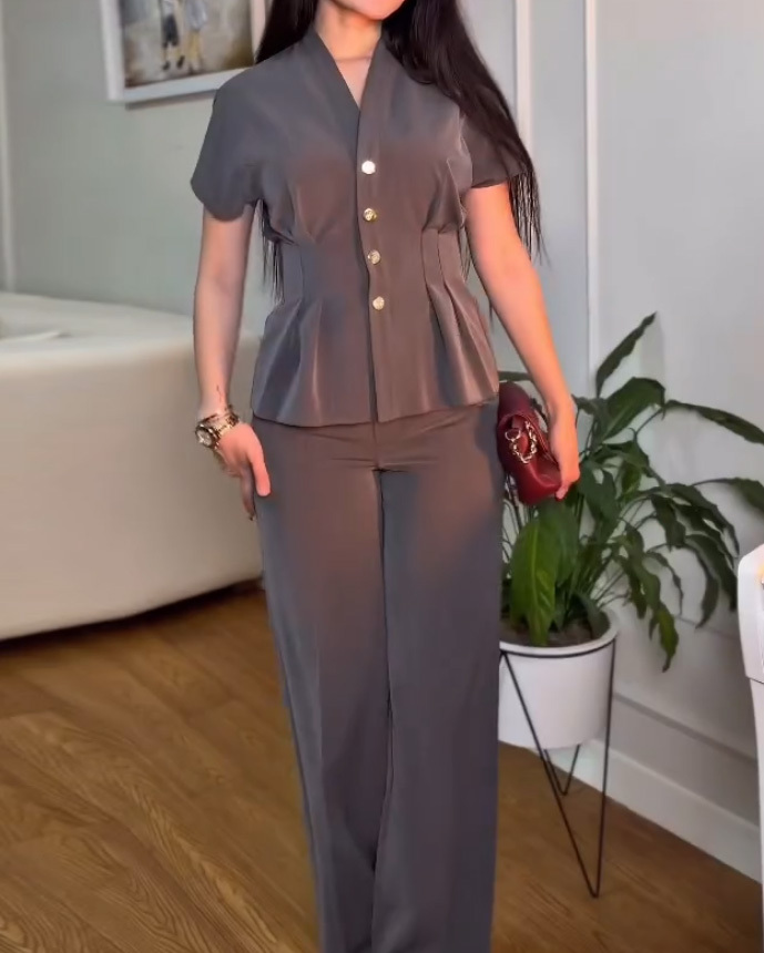 V-Neck Elegant And Sophisticated Solid Color Two-Piece Set