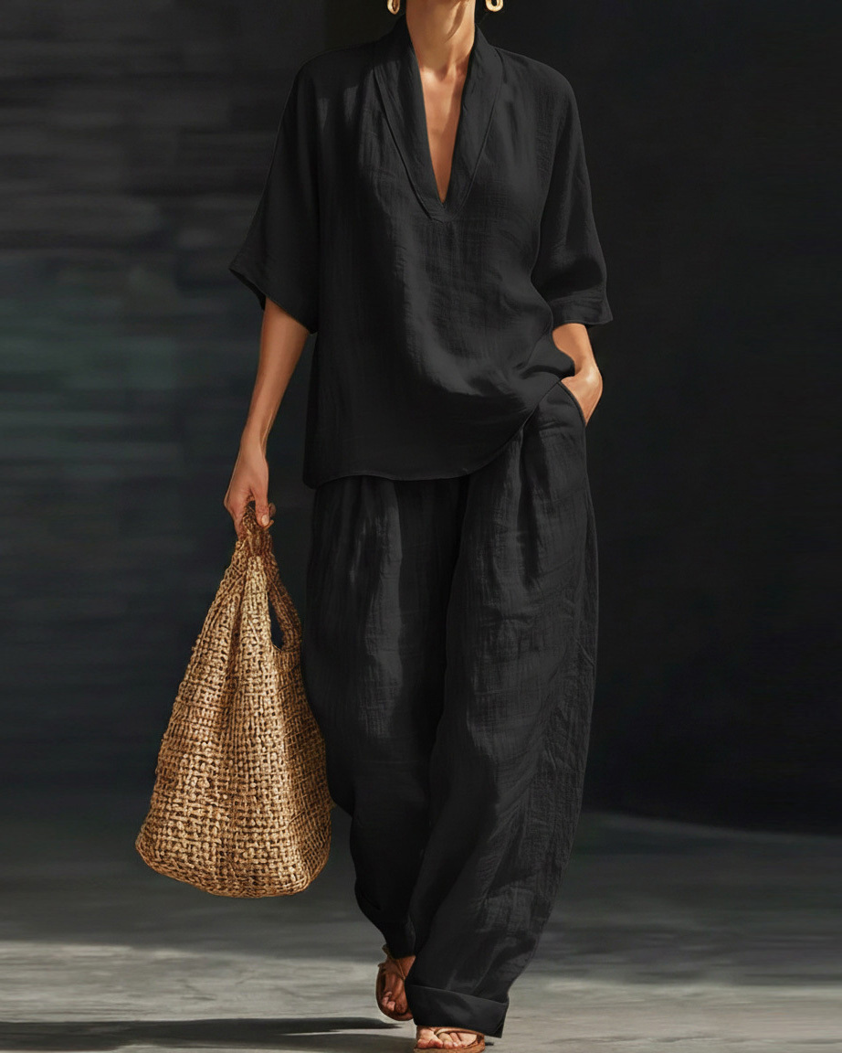 Casual Loose-Fit Solid-Color Two-Piece Set