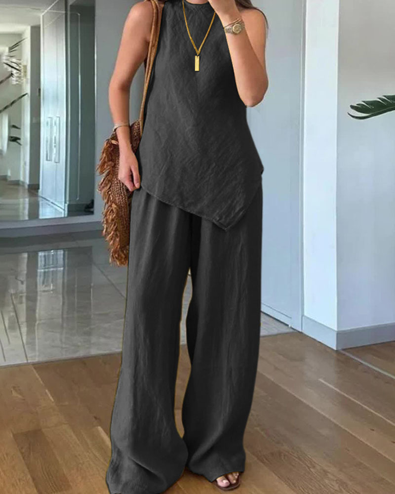 Casual Crewneck Pullover Sleeveless Top With Cotton Pants And Pockets