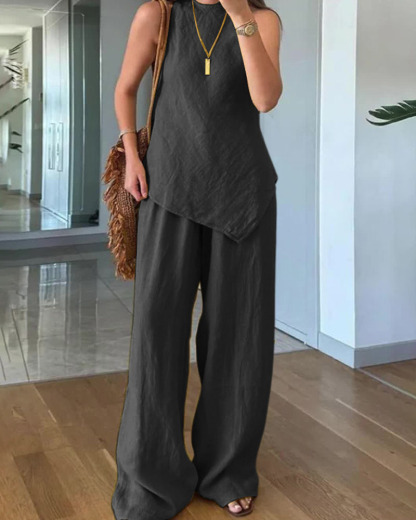 Casual Crewneck Pullover Sleeveless Top With Cotton Pants And Pockets