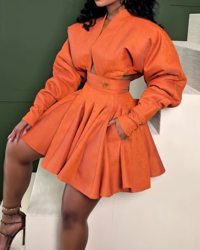 Solid-Color Collared Top + Mini Skirt Two-Piece Set