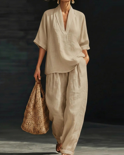 Casual Loose-Fit Solid-Color Two-Piece Set