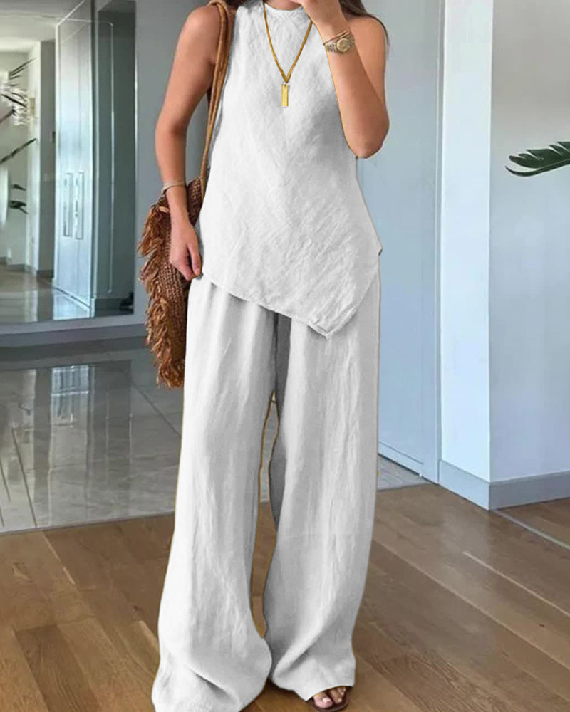 Casual Crewneck Pullover Sleeveless Top With Cotton Pants And Pockets