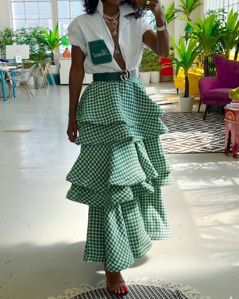 Collared Top + Houndstooth Multi-Layered Skirt Two-Piece Set