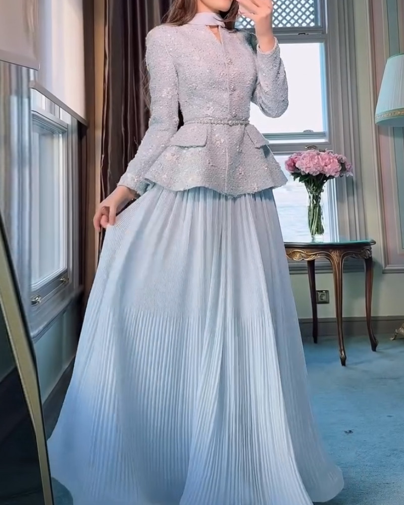 Elegant Pearl Butterfly Jacket and Pleated Skirt Two-Piece Set