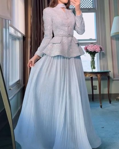 Elegant Pearl Butterfly Jacket and Pleated Skirt Two-Piece Set