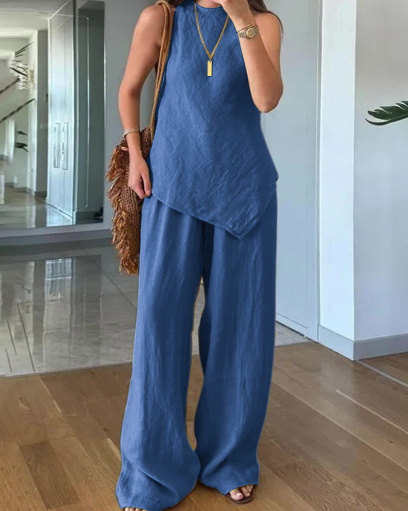 Casual Crewneck Pullover Sleeveless Top With Cotton Pants And Pockets