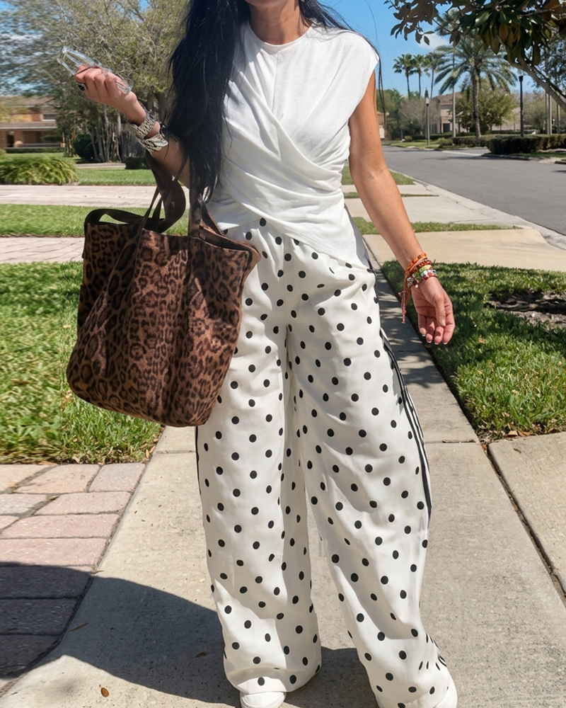 Solid Color Top + Polka Dot Printed Pants Two-Piece Set