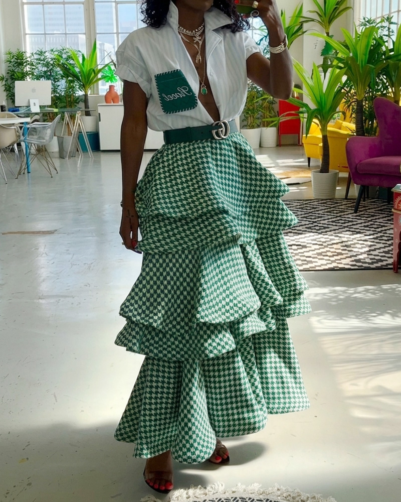 Collared Top + Houndstooth Multi-Layered Skirt Two-Piece Set