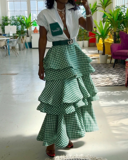 Collared Top + Houndstooth Multi-Layered Skirt Two-Piece Set