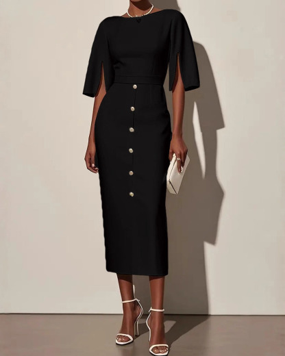 Solid Color Crewneck Waist-Defined Dress With Slit And Button Details