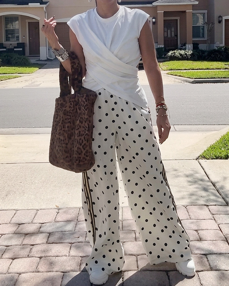 Solid Color Top + Polka Dot Printed Pants Two-Piece Set