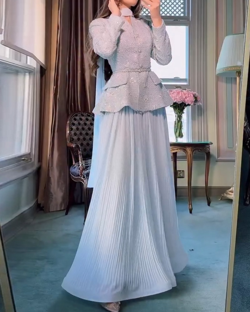 Elegant Pearl Butterfly Jacket and Pleated Skirt Two-Piece Set