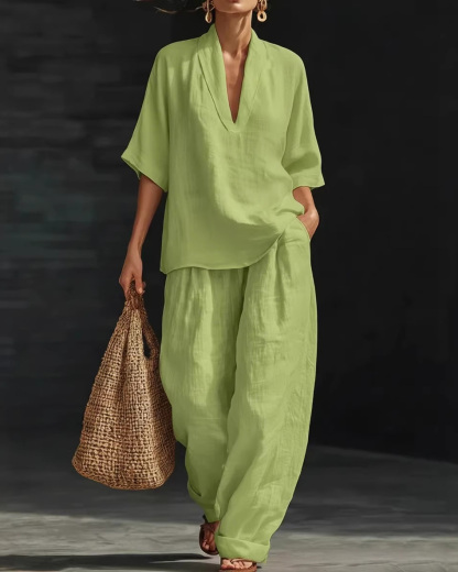 Casual Loose-Fit Solid-Color Two-Piece Set