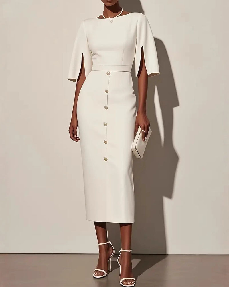 Solid Color Crewneck Waist-Defined Dress With Slit And Button Details