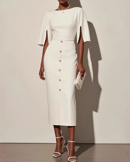 Solid Color Crewneck Waist-Defined Dress With Slit And Button Details