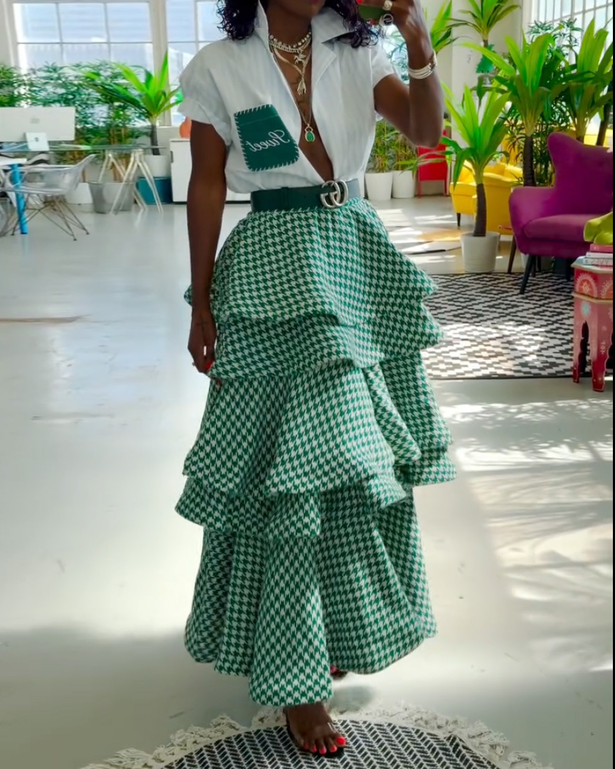 Collared Top + Houndstooth Multi-Layered Skirt Two-Piece Set