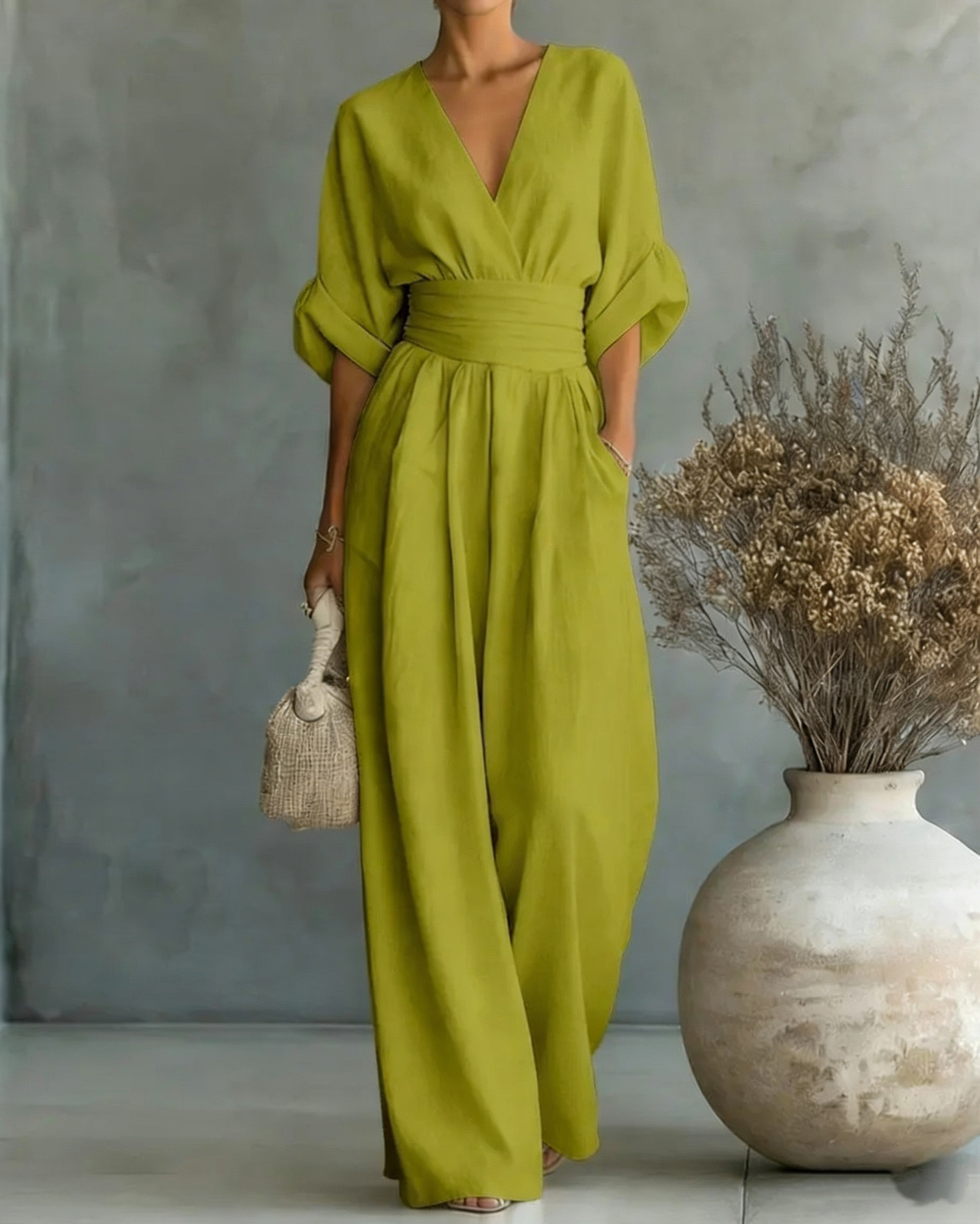 Solid-Color V-Neck Waist-Cinching Jumpsuit