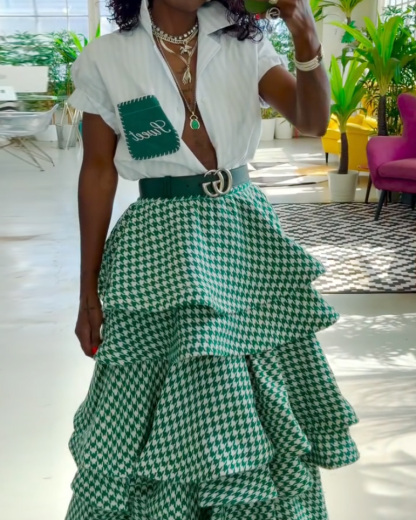 Collared Top + Houndstooth Multi-Layered Skirt Two-Piece Set
